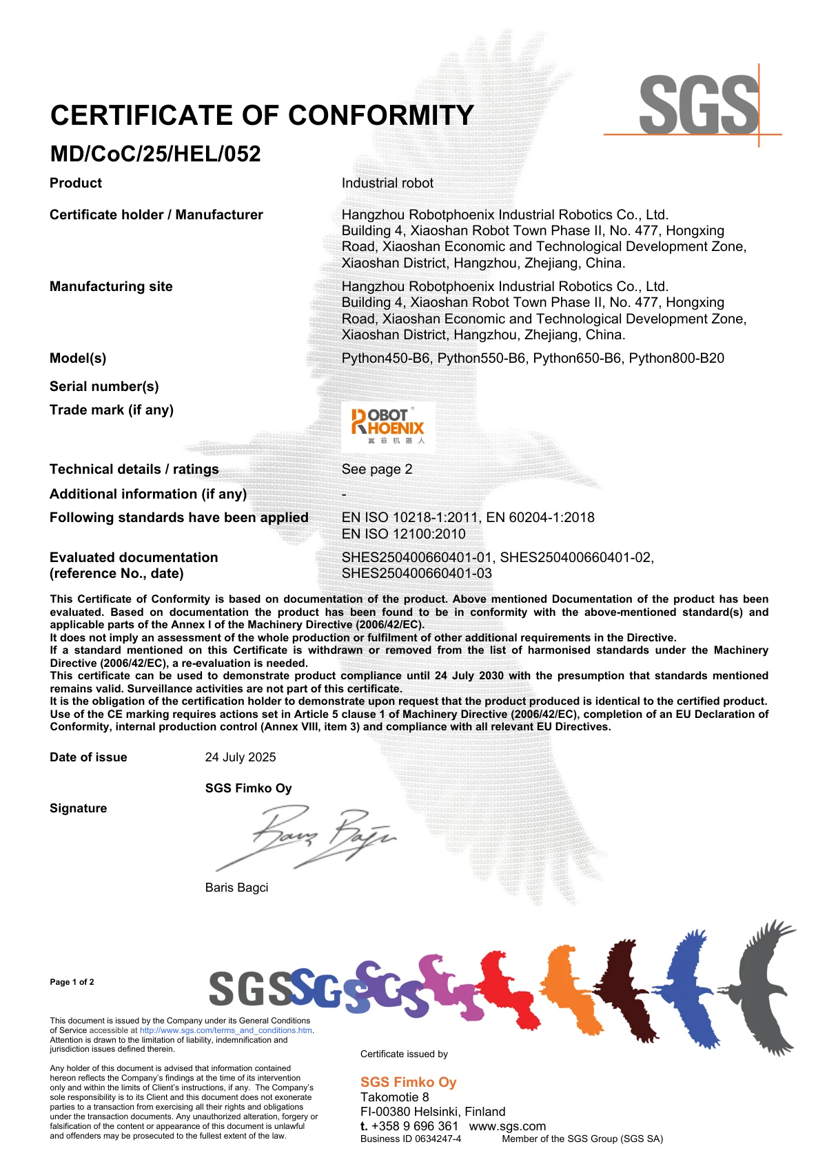 SGS Fimko 発行の CE 適合証明書 MD/CoC/25/HEL/052(Python 4機種)