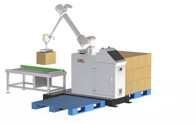 協働ロボットとコンベヤ・パレットを一体化したパレタイジングロボットの製品画像