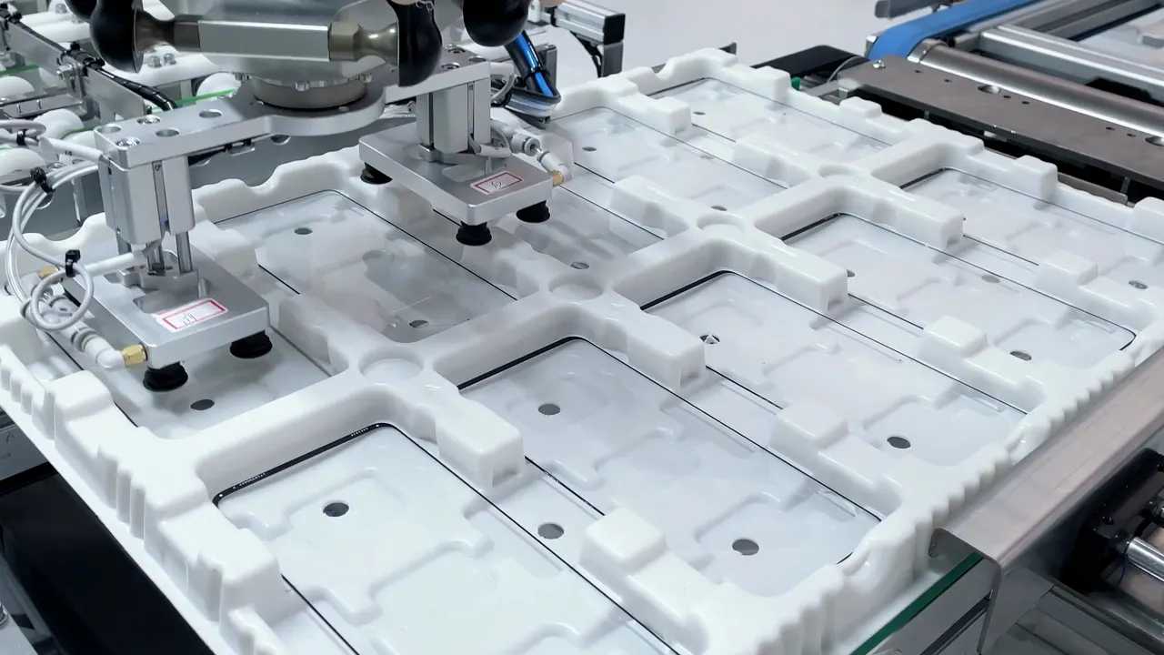 パラレルリンクロボットが、トレイ上のガラス部品を吸着して移載するデモ機